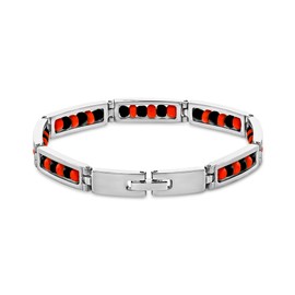 Stainless Steel Link Wristband Evil Eye Protection Beaded Elegua Bracelet 9" - Red and Black Beaded Elegua Bracelet for Adult Men and Women - Elegua Protection Jewelry Gift
