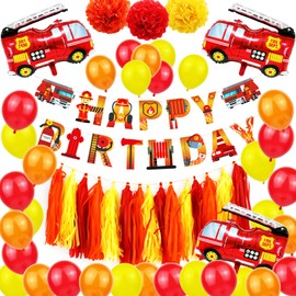 CIAOYNIMI Fire Truck Party Supplies 55PCS Fireman Theme Decorations Firefighting Vehicle Foil Balloons Firetruck HAPPY BIRTHDAY Banners with Pompom Tassels for Kids Boys Firefighter Anniversaire Fete