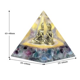 KYEYGWO Fluorite Healing Crystal Pyramid Stone with Brass Buddha Figure, Positive Energy Pyramids Chakra Crystal Pyramid Buddha Statue Feng Shui Ornament Home Decoration for Lucky Charm and Amulet