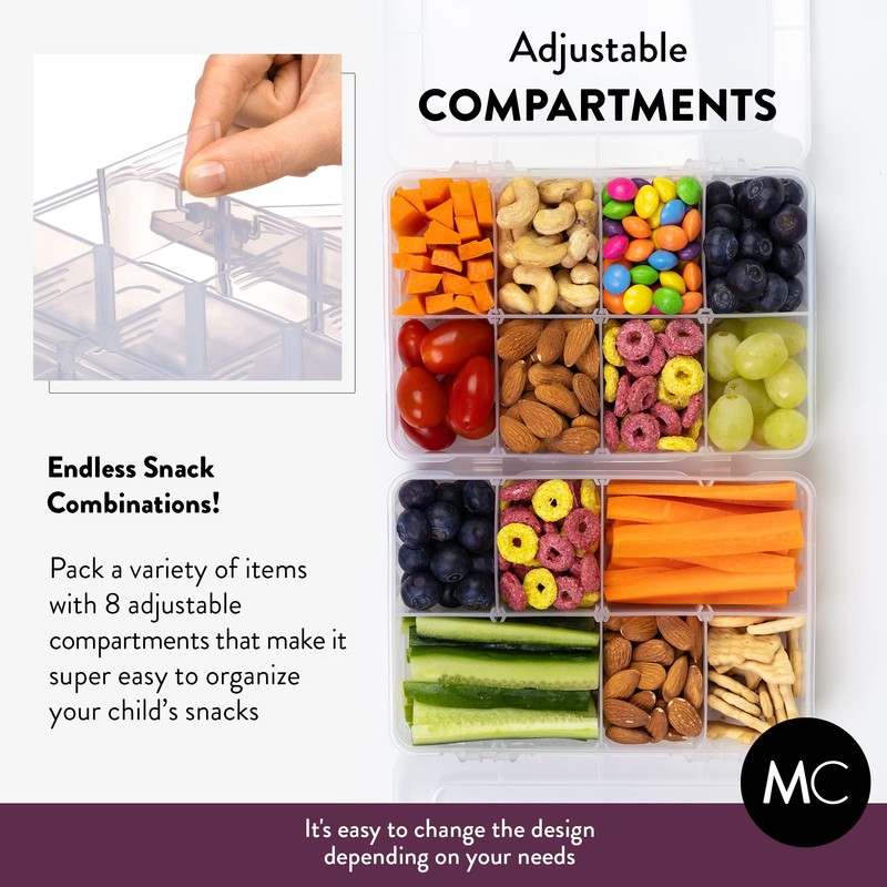 Snack Box Containers Set of 2-Reusable,100 Dissolvable Labels, 8 Adjustable