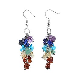 7 Chakra Stone Long Drop Dangle Earrings Colorful Necklace Set Crystal Hook Reiki Healing Beads for Women Yoga Energy Balancing Jewelry (A)