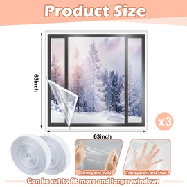 Beeveer 3 Sets 63 x 63 Inch Window Insulation Kit Cuttable Transparent Film with Adhesive Straps Reusable Window Plastic for Patio Winterizing Thicken Warm Winter Waterproof Attic Insulation Cover