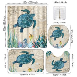 Sea Turtle Bathroom Set Turtle Shower Curtain Nautical Curtain with Starfish Coral Shower Curtain,with Non-Slip Rugs, Toilet Lid Cover and Mat,Gift for Friends BoyGirl Kids