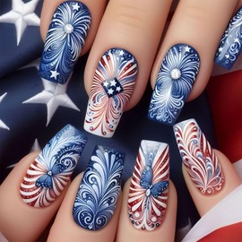 4th of July Press on Nails Coffin Medium Fake Nails with Butterfly Swirl Desgins Blue Glue on Nails Press ons Independence Day Acrylic Nails Artificial Stick on Nails for Women 24 Pcs