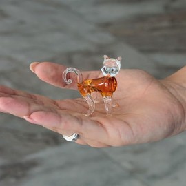 Cá d'Oro Tiny 1.7" Amber Glass Cat Figurine Collectible Hand Blown Animal Miniature and Sculpture for Room Decoration, Tabletop and Gift Murano-Style