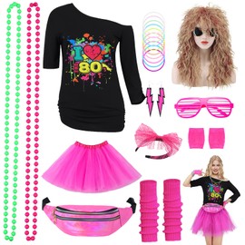 Mrsclaus 80s Outfit Women: Pink XXL Costume Set with T-Shirt, Tutu, Wig, Accessories & Accessories for 80s Party