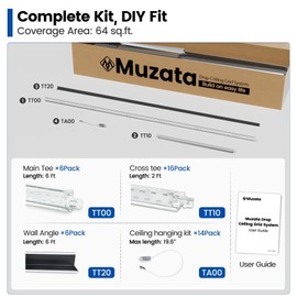 Muzata 64 Sq Ft Drop Ceiling Grid System White Complete Set Galvanized Steel Grid Kit Easy Installation for Basement Living Room Kitchen Bathroom Ceiling, TS04