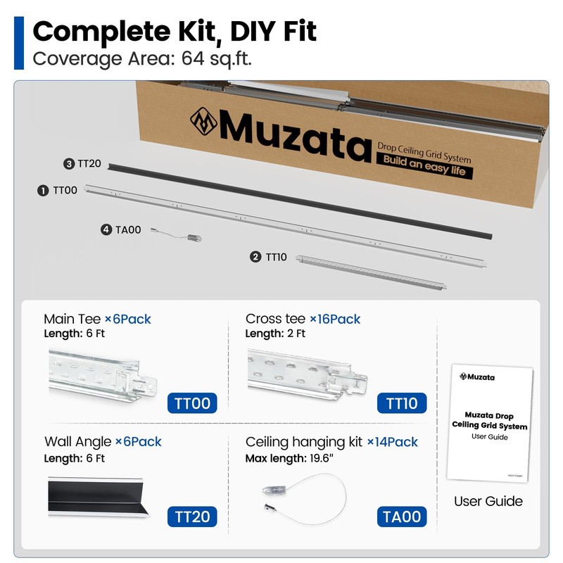 Muzata 64 Sq Ft Drop Ceiling Grid System White Complete