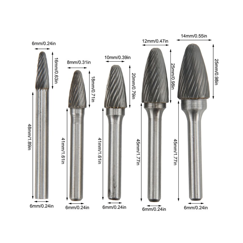 5pcs Carbide Burrs Single Cut Rotary File with 6mm/0.24in Shank