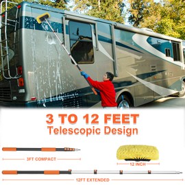 Buyplus 12FT Car Wash Brush with Long Handle, 12-Inch Soft Bristle, with Aluminium Telescoping Pole, for Cleaning Car, SUV, RV, Boats, House Siding, Floors, Solar Panels, and More