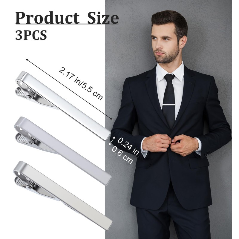 3 Pack Silver Tie Clips for Men, ValueBargain Classic Necktie