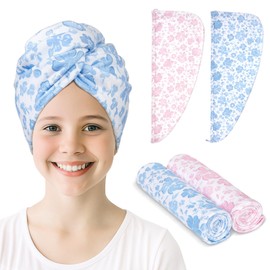 Unicorn Castle Microfiber Hair Towel for Kids 2Pack Hair Wrap Towels Absorbent Hair Drying Towel Wrap Hair Turbans for Curly Thick Hair,Pink Blue Flower