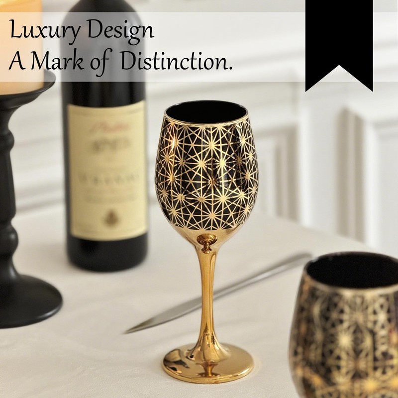 CretFine Blue and Gold Gold Wine Glasses Set of 2,