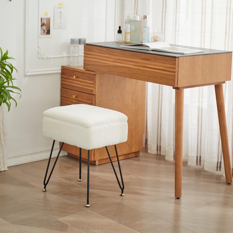 Leesingdo Vanity Stool Chair, Faux Teddy Fur Ottoman Foot Stool