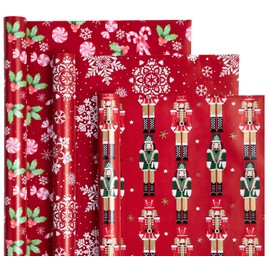 WRAPAHOLIC Christmas Wrapping Paper Roll - Mini Roll - 3 Rolls - 17 Inch x 120 Inch Per Roll - Red Nutcracker, Snowflake, Candy cane and Holly Holiday Collection