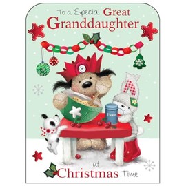 Great Granddaughter Christmas Card - Special Great Granddaughter - Dog and Rabbit Baking - Festive Design - Special Finishes and Illustrated Insert Leaf - Made in the UK