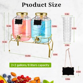 Lallisa 2 Pcs 2 Gallon Glass Drink Dispenser with Stand Ice Cylinder Hanging Chalkboard Signs 18/8 Stainless Steel Spigot Beverage Dispensers for Parties Mason Jar Drink Lemonade (Gold)