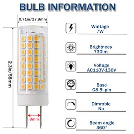 PIPIZHU G8 Led Bulbs 7W, AC120V G8 Bi-pin Base Bulb, 75W Halogen Bulb Replacement, 750lm G8 Light Bulb for Kitchen Lighting, Under-Cabinet Light and Puck Light Warm White 3000K (5 Pack)