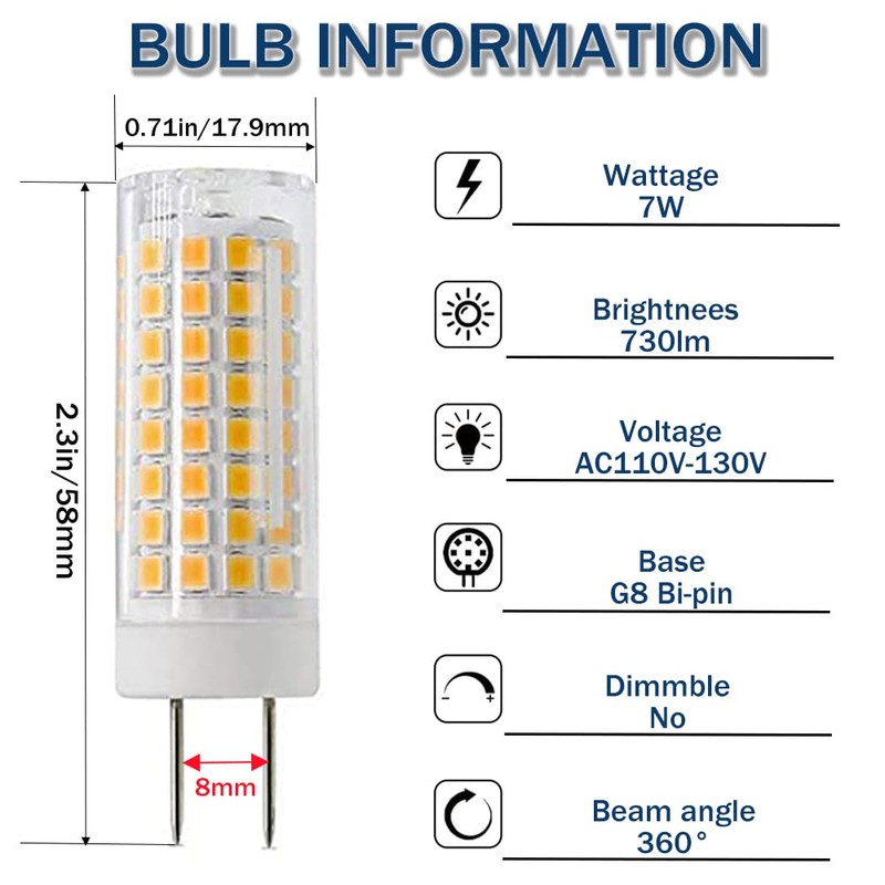 PIPIZHU G8 Led Bulbs 7W, AC120V G8 Bi-pin Base Bulb,