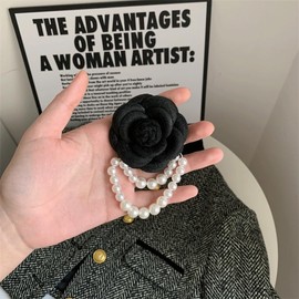Elegant Fabric Camellia Flower Brooch Pins for Women,Vintage Pearl Tassel Corsage Jewelry Brooches Dainty Lapel Pins Party Wedding Gifts (Black)
