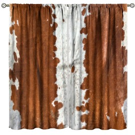 Cowhide Blackout Curtains, Retro Farmhouse Animal Spotted Brown White Cow Texture Print Rod Pocket Curtain Window Treatments 2 Panels Drapes for Dining Room Office Living Room Deocr 42"W X 45"L