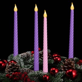 4 Pieces Flameless Advent Candles Led Taper Advent Candles 3 Purple and 1 Pink Flickering Fake Candle Sticks Battery Operated for Christmas Catholic Wreath Church Decor, 10.8 Inches (Spiral Style)