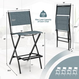 Giantex Folding Patio Bar Chairs Set of 4, Outdoor Counter Height Bar Stools with Footrest & Back, All-Weather Resistant, Metal Frame, for Porch Deck Lawn Garden, Light Blue