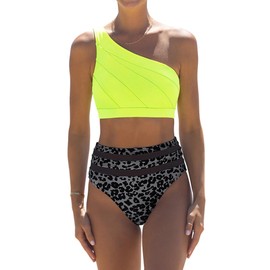 popvil One Shoulder Swimsuits Women High Waisted Bikini Sets Women Bathing Suit Tummy Control Two Piece Swimsuit Yellow Black