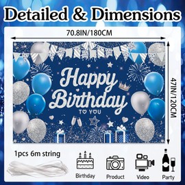 Happy Birthday Decoration Banner Backdrop - Blue Silverr Birthday Decorations Banners Background for Girls Boys, Large Photography Photo Sign for Birthday Party Supplies(180X120cm)