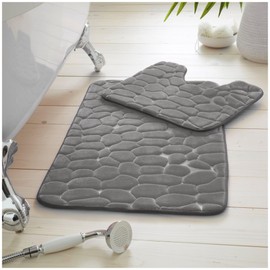 VELVETIO Pebbles Stone Bath Mat & Pedestal Set for Bathroom, Water Absorbent Non Slip 2 Piece Toilet Mats, Extra Soft Shower & Bathtub Rug, (50x80, 50x40 cm), Charcoal