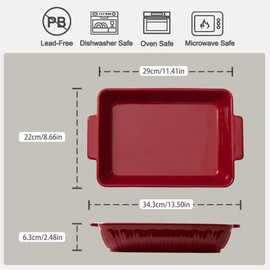 FE Baking Dish, 11"x 8"Rome Pillar Casserole Dish, 3.38 Quart Lasagna Pan with Handles, Ceramic Rectangular Baking Pan for Dinner & Banquet(Red)