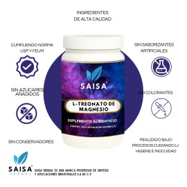 L-Treonato De Magnesio 500 Cápsulas | Saisa Herbal | Treonato de Magnesio | 100% Puro | Mejora Memoria y Enfoque | Alta Absorción Cerebral | Suplemento Premium