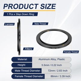 PATIKIL Step-Up Ring Adapter 72mm to 86mm, Filter Step-up Rings Camera Lens Filters Metal Ring Digital for ND IR DSLR Lenses, Black