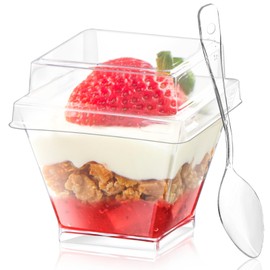 Qeirudu 2 oz Mini Dessert Cups with Lids and Spoons -100 Pack Plastic Shooter Cups for Desserts Small Square Serving Cups for Party Individual Pudding Parfait Jello