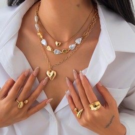Heart Necklace for Women Chunky Heart Pearl Choker Gold Silver Heart Necklaces Layered Stackable Love Necklaces Dainty Jewelry for Women Y2k Necklace Trendy Jewelry Accessories Gift (Gold)