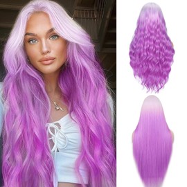 FAVE Ombre Purple Wig Long Wavy Wigs for Women 28 Inches Middle Part Purple Wigs Light Roots Synthetic Wig for Daily Party Use