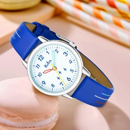 KDM Kids Watch Boys Girls, Children Time Learning Waterproof Luminous Analog Watches for Kids Ages 3-12, Easy to Read Time Blue Leather Quartz Wrist Watch Gift for Boys Girls