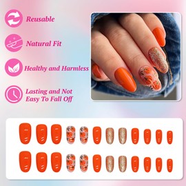 Ceboic Pack of 24 Stick-On Nails Almond Short, French Press on Nails Soft Gel Artificial Nails with Cute Pumpkin Design, Orange Shiny Oval False Nails Fake Nails for Women and Girls