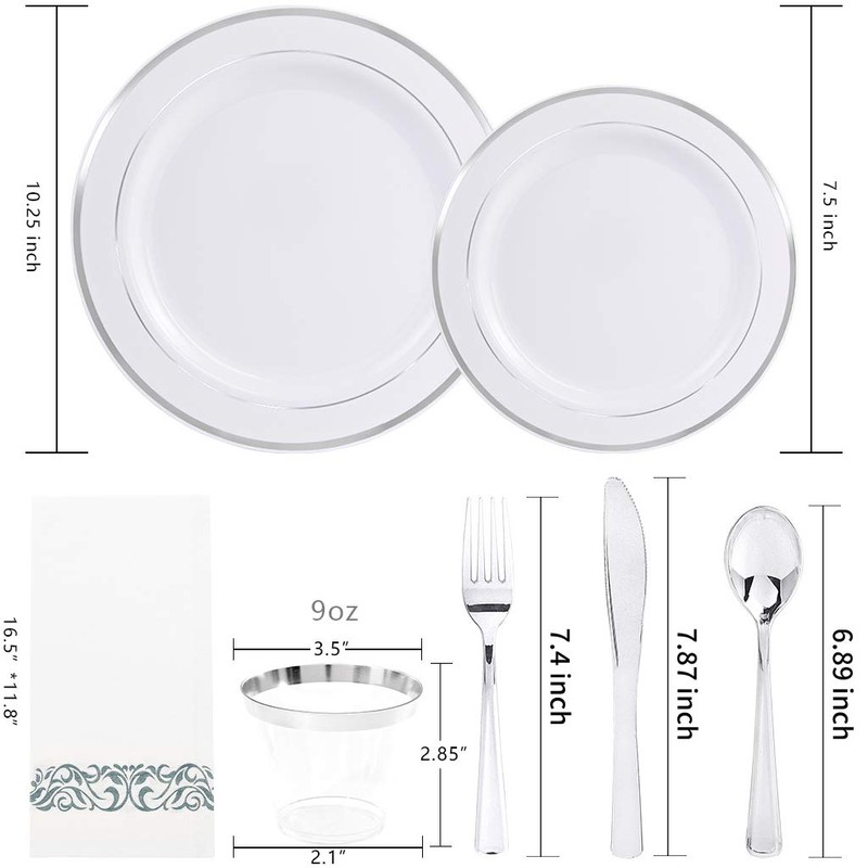 bUCLA 350PCS Silver Plastic Dinnerware Set for 50 Guests -