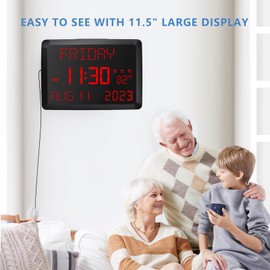 Raynic Digital Clock, 11.5" Large Display Digital Wall Clock,Adjustable Brightness Calendar Clock with Day and Date, Indoor Temperature, Snooze,12/24H, DST for Home, Office, Elderly