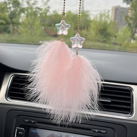 Fuzzy Feather Car Rearview Mirror Accessories - Cute Star Feather Shape Hanging Pendant Car Interior Rear View Mirror Charm - Lucky Ornament Auto Mirror Decoration for Men and Women (Pink)