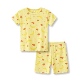 Beezizac Strawberry & Banana Summer Fruit Print Pajamas for Baby & Toddler Girls – 2-Piece T-Shirt & Shorts PJ Set Loungewear Play Wear Kid Size 4T