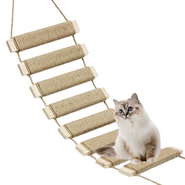 Multi-Functional Cat Ladder & Climbing Frame - DIY Wooden Bridge with Sisal Rope for Indoor/Outdoor Cats, Parrots, and Small Pets (Wood Tone, 20in/50cm)