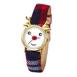 JewelryWe Children's Watch Christmas Watch Leather Deer Gift for Boys Girls Christmas Deer Christmas Watch Children Analogue Quartz Watch with Checked Leather Strap for Teenagers, gold, Strap.