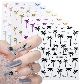 Holographic Coconut Tree Nail Sticker Palm Leaves Fruit Summer Theme Design Gold Transfer for Nails Supplies Seagulls Black Coconut Tree Decal Manicure Tips DIY Nail Art Decoration for Women Girl 8PCS