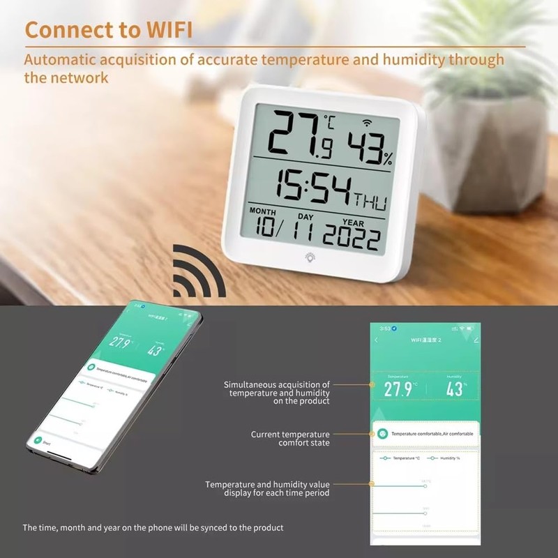 Snblzhef Digital Tuya WiFi Time Clock Date Thermometer Hygrometer Backlight