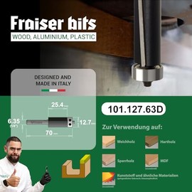 Fraiser Bündigfräser mit Anlaufring unten - 2 HM-Schneiden, Schnitthöhe 25 mm, Schaft 6,35 mm (1/4 Zoll) - für Oberfräse und Kantenfräse