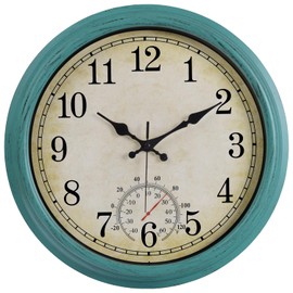 Keureedg 16 Inch Large Outdoor Clock, Waterproof Wall Clock with Thermometer, Battery Operated Silent Non-Ticking Vintage Wall Clock Quartz Round Clock Home Decor,Green