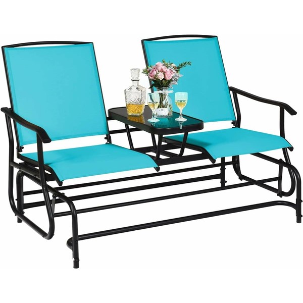 ReunionG 2-Person Outdoor Glider Chair, Patio Glider Bench Loveseat w/Tempered Glass Center Table & Sturdy Metal Frame, Porch Swing Rocking Chair for Outside, Balcony, Garden