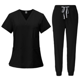 Meichoon Medical Scrubs Set Quick-drying V-neck Short-sleeved Top Natural Elastic Soft Pants for Men and Women DK05Black Large